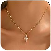 Havopso Pearl Cross Necklaces for Women 18K Gold Plated Pearl Beaded Sideways Cross Choker Necklaces Cubic Zirconia Faith Religious Jewelry Christmas Gifts