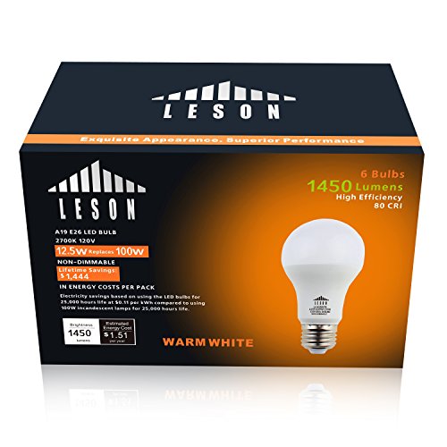 Leson 100 Watt Equivalent A19 Globe LED Light Bulb Standard E26/E27 Base 13W Energy Saving, Soft/Warm White 2700K (6 Pack)