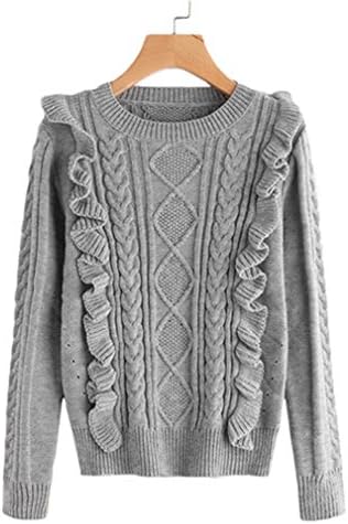 Garavani Grey Knit Sweater Women Ruffle Trim Mixed Knit Jumper Autumn New Long Sleeve Casual Loose Sweater Pullover Gray One Size