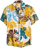 Coersd Men Ethnic Flower Pattern Short Sleeve Casual Yellow Hawaiian Shirts Silk Summer Tops
