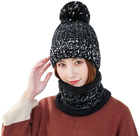 Women Winter Warm Hat Set, 2-piece Knit Beanie Cap and Circle Scarf with Fleece Liner for Women Girls (Black)