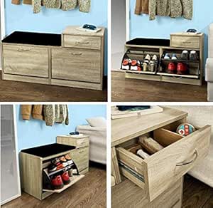 SinoStax - Zapatero de madera con cajón acolchado de tres niveles