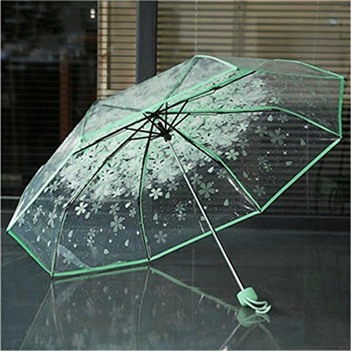 1pc Three Fold Umbrella Women Transparent Clear Cherry Blossom Mushroom Sakura Folding Sunshade Rain Umbrellas by Xiaolanwelc (Green)