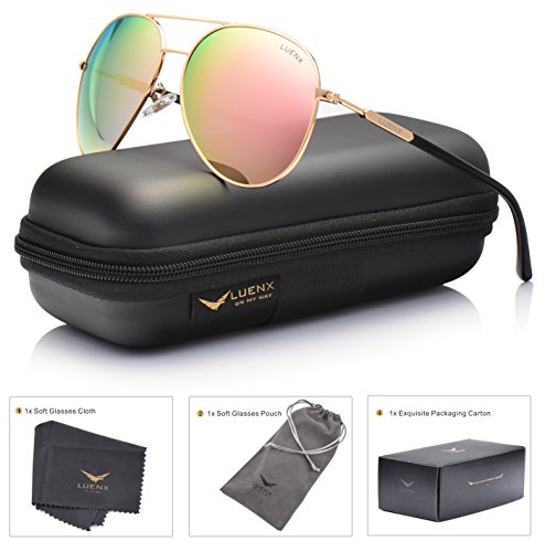 Womens Aviator Sunglasses Polarized by LUENX - UV 400 Protection Pink Mirror Gold Frame 60mm