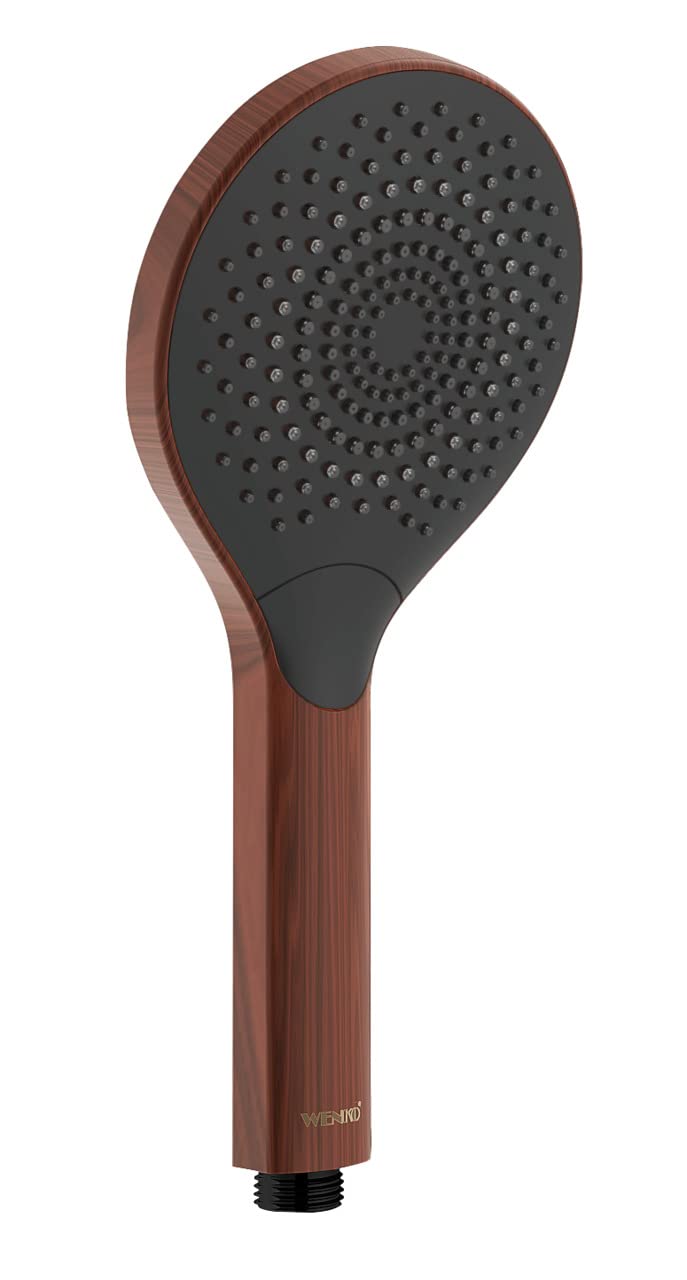 WENKO Watersaving Wood shower head, water-saving handheld rain shower head in elegant faux wood, saves water with full comfort with 3 jet types, ½" universal connection, Ø 12 cm, brown/black