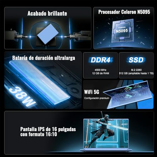 Laptop 16 Inch Celeron N5095 Up to 2.9Ghz, Laptop Win 11 with 5G WiFi 12+512GB SSD Expansion 1TB, BT 4.2 Mini Multimedia Port Laptop Cooling Fan 1920*1200-Blue