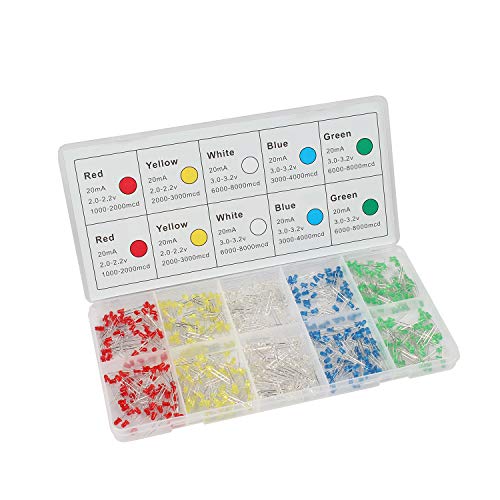 DiCUNO 500Pcs (5 Colors x 10P) 3MM Light Emitting Diode, White/Red/Yellow/Green/Blue Bright Diffused LED Diodes Assorted Kit for Electronic Project, Science Experiments