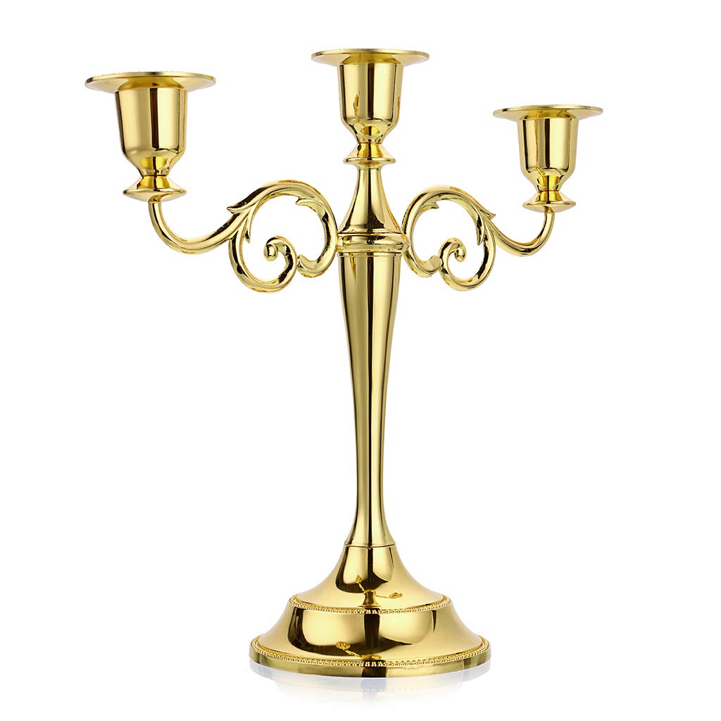 Sumnacon Metal Candelabra 3 arms Candle Holders Stand For Wedding Dinning Party （Golden，10inches）
