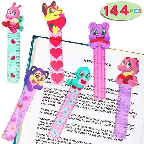 JOYIN 144 PCs Valentines Day Bookmark Rulers Party Favor Pack (6 Designs) with Colorful Hearts Animal Prints for Holiday Decorations, Goodies, Pink and Love Party D&eacute;cor, Classroom Rewards, and Prizes.