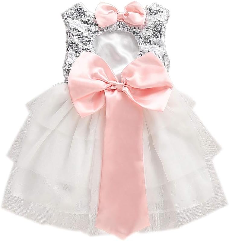 Little Girl Sequin Gauze Dress Bowknot Princess Party Tutu Dress for Age 1-5 Years Old
