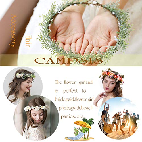 Campsis Wedding Crown Green Wreath Garland with Ribbon Bridal Hair Wreath Halo for Women and Girls