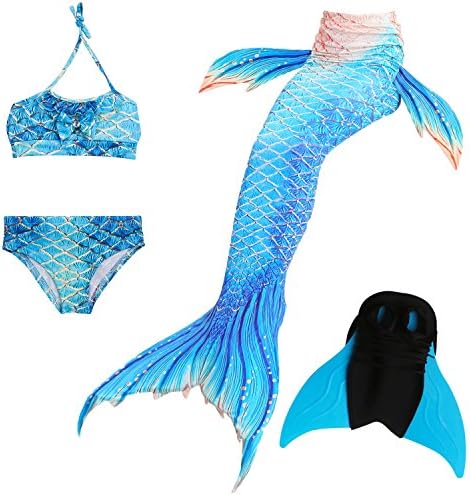 Das beste Girls Mermaid Tail Swimsuit with Monofin Girl's Mermaid Tail for Swimming,Colorful Swimmable Costume Cosplay Princess Swimwear Bikini Set Bathing Suit Set with Mono Fin Four Pcs