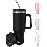 40 oz Tumbler with Handle and Straw, Vacuum Insulated Stainless Steel Travel Mug with Leak-Proof Lid and 2 Reusable Metal Straws, Car Cup Holder Compatible BPA-Free Cup for Hot & Cold Drinks – Black