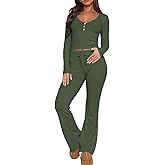 Ezbelle Women's Lounge Sets 2 Piece Outfits Long Sleeve Crop Button Down V Neck Shirt Knit Pajama Pant Fall Clothes