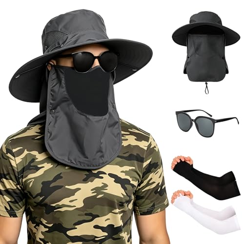 Yanlin 3pcs Sombrero Pesca Sol Protección, Sombrero para Sol UPF 50, con Gafas de Sol, Mangas de Protección Solar, Diseño Desmontable, Impermeable, para Actividades al Aire Iibre