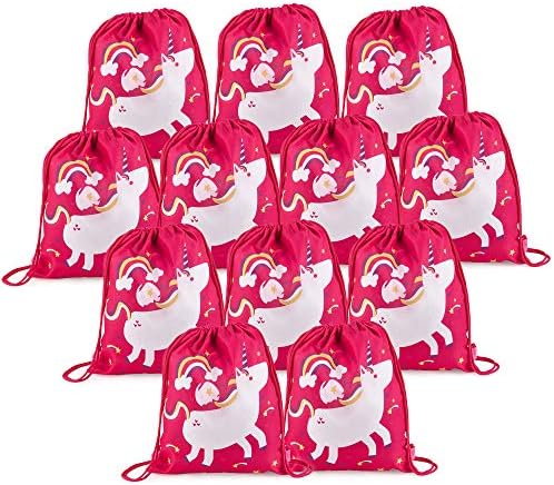 Unicorn Party Favor Bags - Pack Of 12 Reusable Small Drawstring Backpacks For Kids – Birthday Party supplies Gift Bag For Treats – Pink Goodie Halloween Bags For Girls – Cute Design & Washable