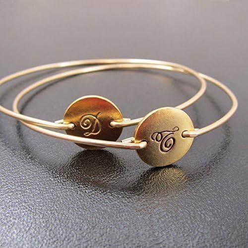 Initial Monogram Bracelets in Cursive Font (set of 2) Circle Disc Bangles Personalized Jewelry Gift