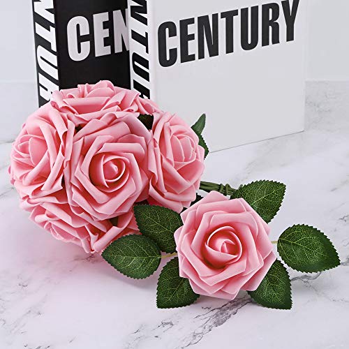 Higfra Artificial Flowers Pink Roses Real Looking Fake Roses w/Stem for DIY Wedding Bouquets Centerpieces Arrangements Party Baby Shower Home Decorations - Pink
