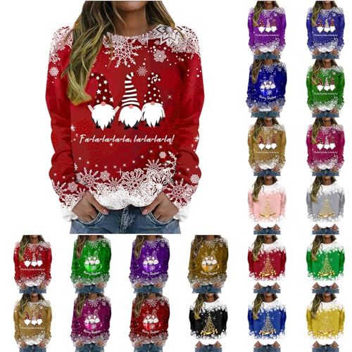 Ladies Christmas Jumpers Women's Long Sleeved Round Neck Merry Christmas Printed Pullover Sweater Top Ladies Xmas Jumper Womens Sweatshirt Xmas Tops for Women UK
