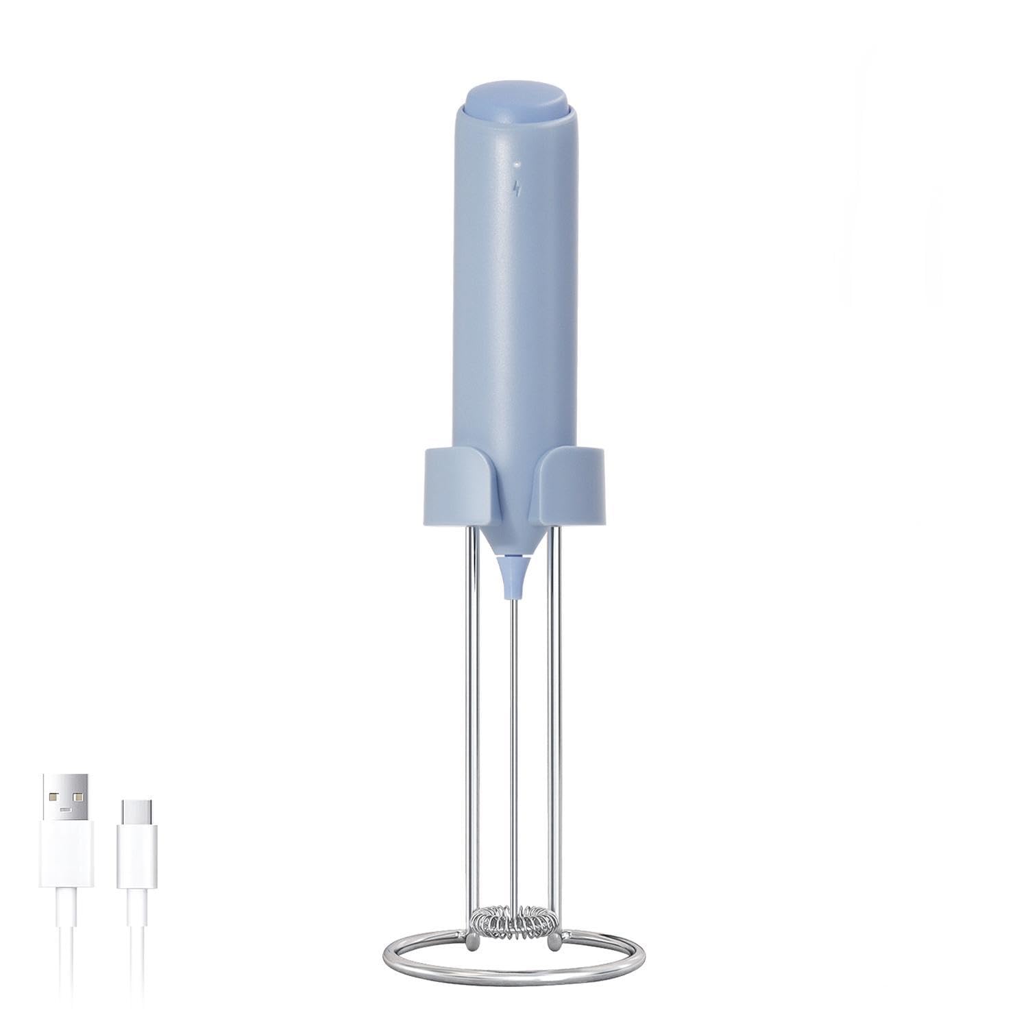 ELMWAY Rechargeable Milk Frother – Handheld Electric Whisk for Coffee, Latte & Matcha, Ergonomic Grip with Charging Stand or Wall Mount Holder – Blue