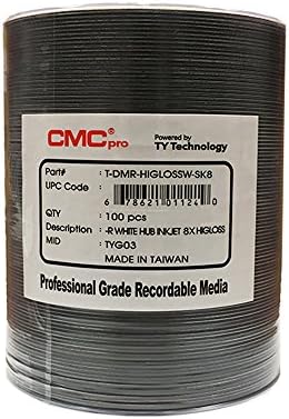 CMC Pro - Powered by TY Technology 4.7GB 8x High Gloss White Inkjet Hub Printable DVD-R - 100-Disc Pack - T-DMR-HIGLOSSW-SK8