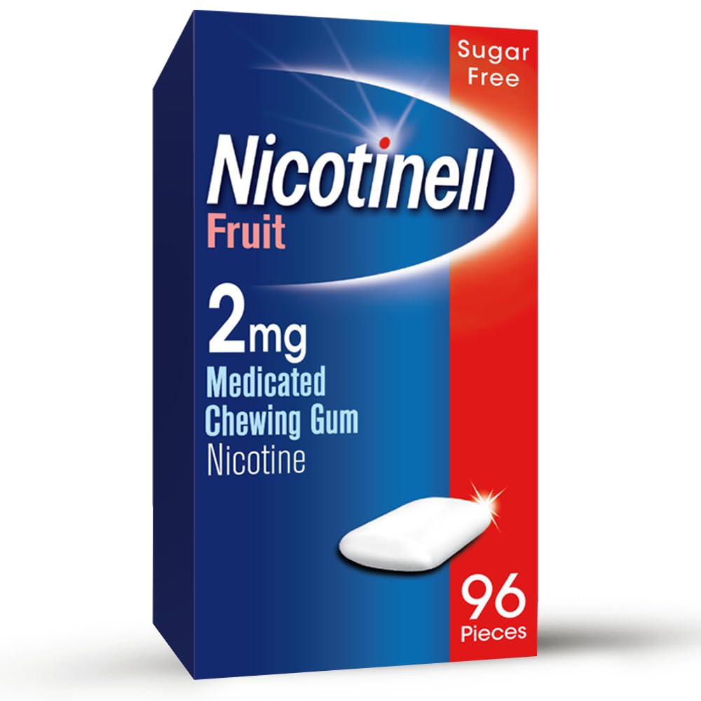 Nicotinell Fruit Gum 2mg (96 Pieces), Stop Smoking Aid, Sugar Free Nicotine Gum, Mild Fruit Flavour, 2mg Regular Strength for Light Smokers, Quit Smoking Aid, Mega Pack