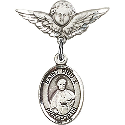 Sterling Silver Baby Badge with St. Pius X Charm and Angel w/Wings Badge Pin 7/8 X 3/4 inches