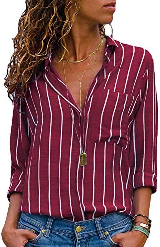 AitosuLa Women's Casual V Neck Stripe Chiffon Blouse Loose Button Down Long Sleeve Shirt Tunic Tops