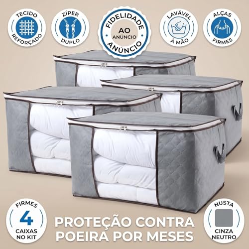 Kit 4 Sacos Bolsas Organizadoras Dobráveis Tecido Cinza com Zíper Total e Janela Frontal – Guarda Cobertores, Edredons e Roupas de Cama sem Amassar no Armário