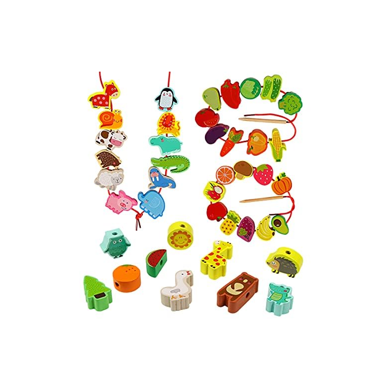 O-Kinee Cuentas de Madera Juguete de Enhebrar, 42pcs Juego de Enhebrado