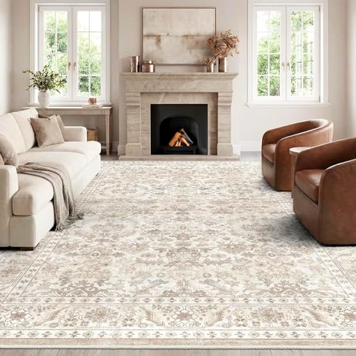 HOMFINE Beige Vintage Living Room Rug, 160 x 230 cm – Machine Washable Non-Slip Short Pile Soft Large for Living Room, Bedroom, Dining Room, Hallway