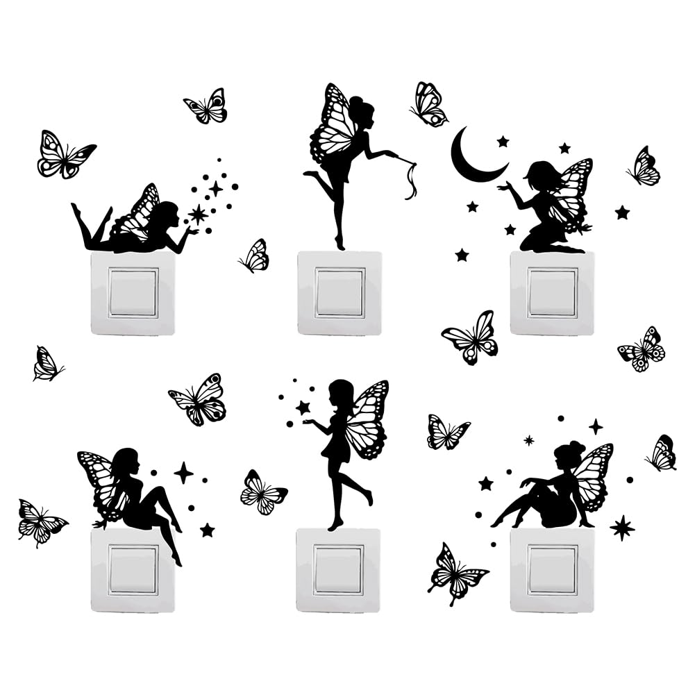 SUPERDANT Black Butterfly Fairies Wall Decals Elves Stars Moon Switch Wall Stickers Peel and Stick Removable Pvc Wall Art for Decorative Switches Kid's Bedroom Living Room