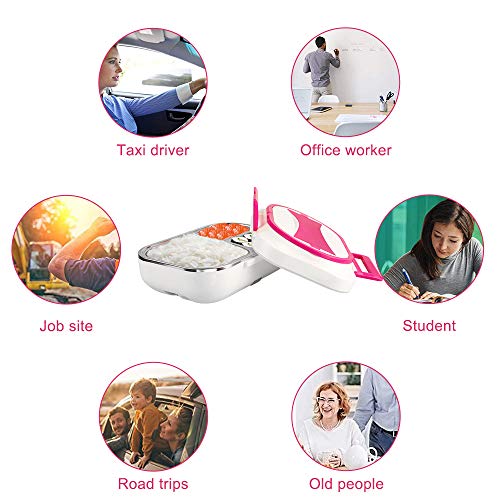 LOHOME Electric Heating Lunch Box Car Home Office Use Food Warmer Portable Bento Meal Heater with Stainless Steel Container 110V and 12V Dual Use (Red)