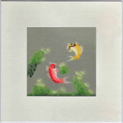 King Silk Art, 100% Handmade Suzhou Silk Embroidery, Unframed Art 8x8 inch - Pair of Koi Swimming in a Pond 12004W