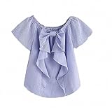 D.Kors Vertical Striped Blouse Blue Cute Bow Frill Trim Women Tops NEW Fashion Summer Casual Ruched Boat Neck Tunic Blouse
