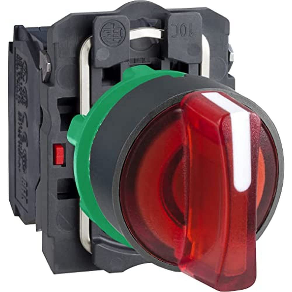 Schneider Electric Illuminated selector switch, Harmony XB5, grey plastic, red handle, 22mm, 3 positions, universal LED, 1NO + 1NC, 24V AC DC โ image 1