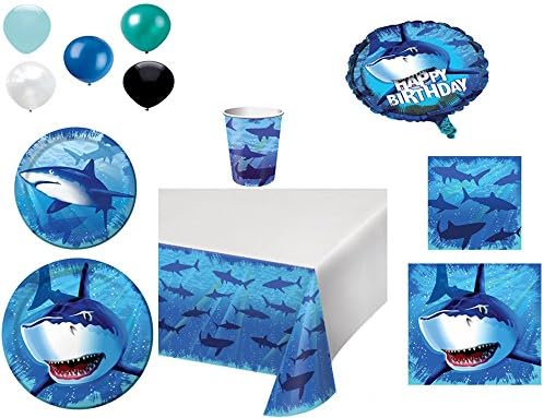 Disposable Plates/Napkins/Cups/Tablecloth/Balloons Shark Splash Themed Party Pack, 8 Piece Bundle