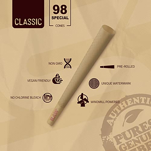 RAW Cones Classic 98 Special 100 Pack Natural Slow Burning Pre Rolled Rolling Papers with