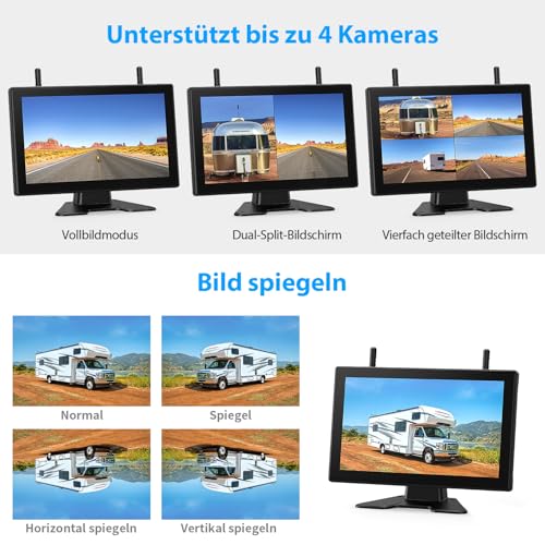 4 Reversing Cameras Wireless Solar Magnetic Reversing Camera: 10.1 Inch 1080P Touchscreen IPS Monitor, 9600 mAh Battery, 1 Minute Setup, IP69K Waterproof Reversing Cameras for Motorhomes, Trailers and Trucks