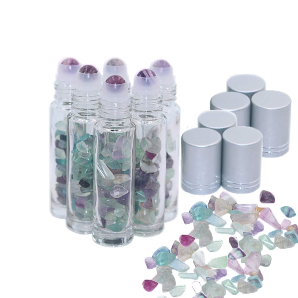 6 Pack Gemstone Glass Bottle for Essential Oil Roll On Containers for Aromatherapy Fluorite Roller Ball Bottles with Healing Crystal Chips Inside by Constore,DIY Your Own Perfume/Oil