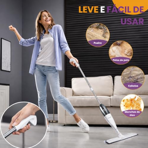 Mop Spray com Reservatório e Refil de Microfibra Lavável, Cabo Ergonômico e Cabeça 360° – Rodo Limpeza para Porcelanato, Laminado e Piso Frio – Limpeza Prática Sem Balde