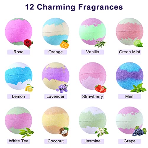 Bath Bombs 12pcs Bubble Bath Gift Set, Natural Aromatherapy Bathbomb Fizzy Shower Ball for Bubble Spa Bath, Essential Oil Bath Salt Ball for Women Kids Wife Relax Moisture Birthday Valentines Mothers