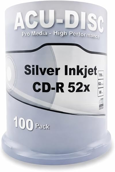100 ACU-DISC Silver Inkjet Printable CD-R80 Full Face 52x 700MB Blank Disc