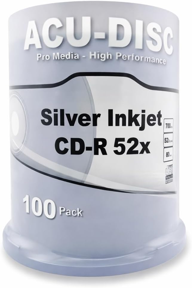 100 ACU-DISC Silver Inkjet Printable CD-R80 Full Face 52x 700MB Blank Disc
