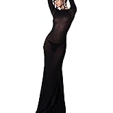 Women's Long Bodycon Dress See-Through Mesh Sheer Dress Long Sleeve Cross Tie-Up Backless Evening Party Dress (Black, One Size)