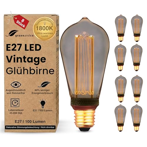 greenandco 8x Vintage Design LED Birne zur Stimmungsbeleuchtung | E27 ST64 | smoke | 4W 100lm | 1800K extra warmweiß | 320° | 230V | flimmerfrei | nic