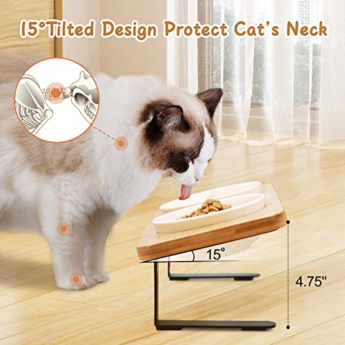 Ceramic Elevated Cat Bowls, 15° Tilted Raised Cat Food Bowls for Food and Water, Indoor Cat Dishes with Bamboo Stand Anti Vomiting for Cats and Puppy, Pet Bowl Set with Anti Slip Feet, Dishwasher Safe