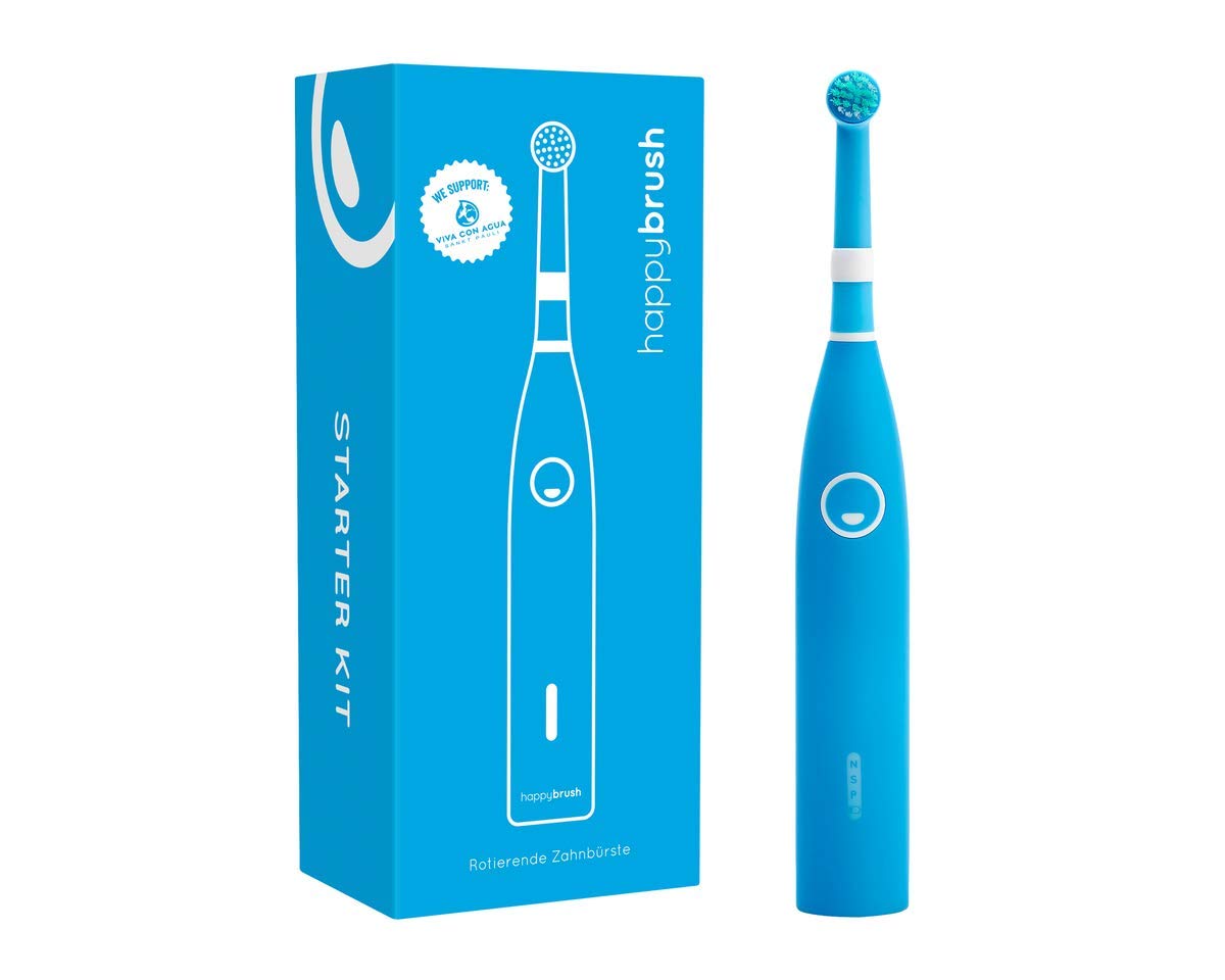 happybrush Electric Toothbrush, Rotating, Blue | Long Battery Life, USB Charger, Waterproof for Your Travels | Pressure Control, Timer, 3 Cleaning Programmes (Blue)
