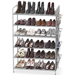 Simple Houseware 6-Tier Shoe Rack Storage Organizer 34-Pair w/ Side Hanging Bag, Grey