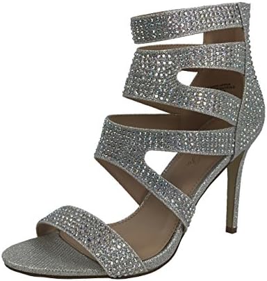 Women's Napa Rhinestone Covered High Heel Sandal Ankle Wrap Enclosed Heel, Silver, 9